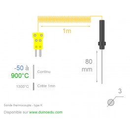 TU9 - Sonde thermocouple type K -50 à 400°C (1300°C crête) - 3m TU9 - Sonde thermocouple type K -50 à 400°C (1300°C crête) - 3m