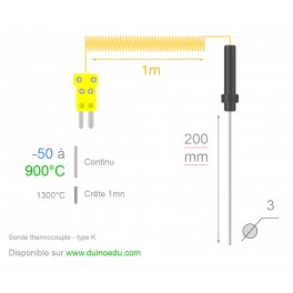 TU9 - Sonde thermocouple type K -50 à 900°C (1300°C crête) - pointe 20cm TU9 - Sonde thermocouple type K -50 à 900°C (1300°C crête) - pointe 20cm